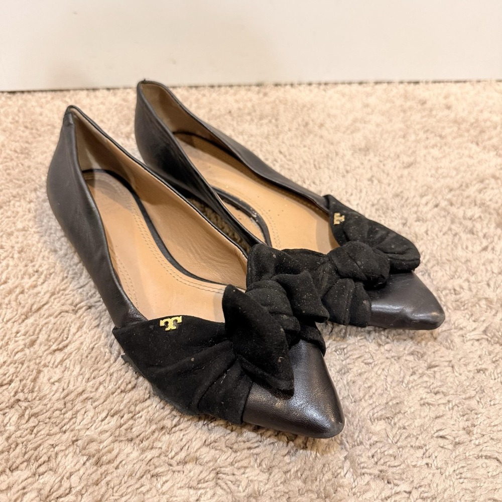 Tory Burch Shoes Womens Size 6 Black Leather Ballet Flats Bow Pointed Toe Casual